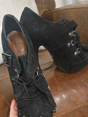 Schutz Black Suede Lace-Up Platform Booties